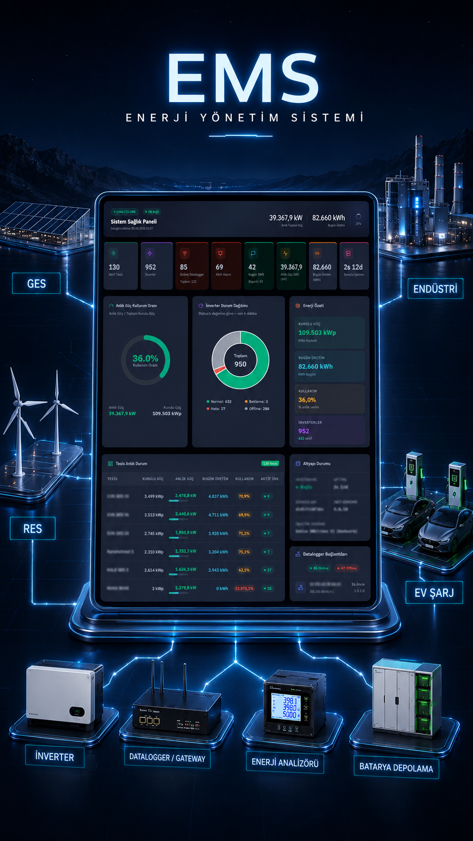 GES, rüzgar enerjisi, endüstri, elektrikli araç şarjı ve saha cihazlarını EMS ekranında birleştiren görsel